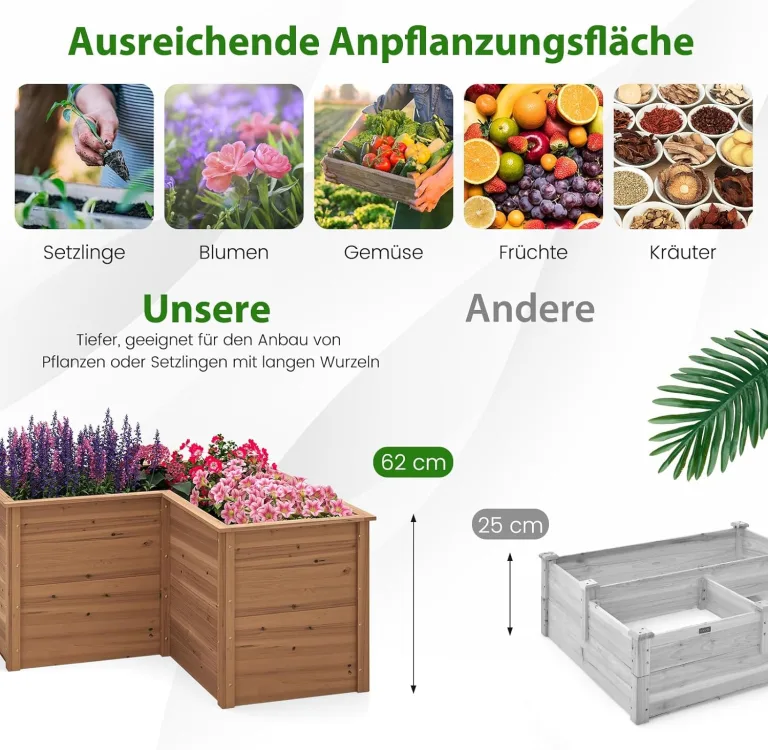 COSTWAY Erhöhtes Hochbeet Holz, Gartenbeet tief, Pflanzkasten mit offenem Boden, für Balkon Garten Terrasse, Pflanzenbeet L-förmig, Kräuterbeet Pflanzkasten, Tannenholz, 120 x 120 x 63 cm (Braun) – Bild 3