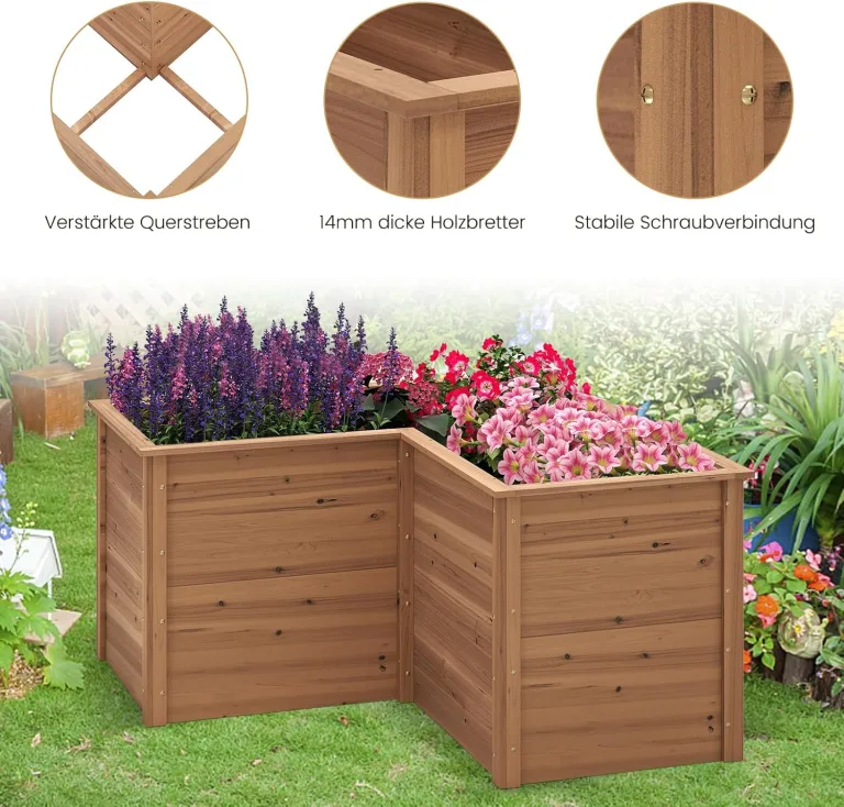 COSTWAY Erhöhtes Hochbeet Holz, Gartenbeet tief, Pflanzkasten mit offenem Boden, für Balkon Garten Terrasse, Pflanzenbeet L-förmig, Kräuterbeet Pflanzkasten, Tannenholz, 120 x 120 x 63 cm (Braun) – Bild 5