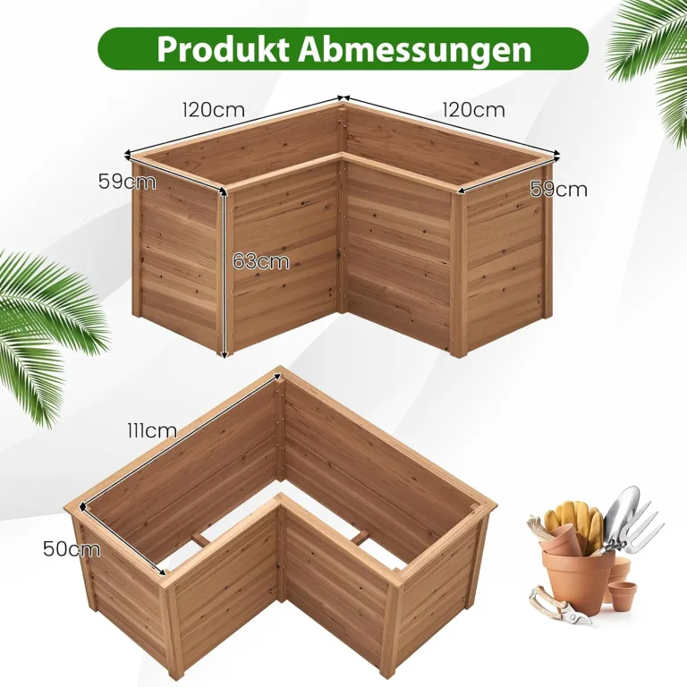COSTWAY Erhöhtes Hochbeet Holz, Gartenbeet tief, Pflanzkasten mit offenem Boden, für Balkon Garten Terrasse, Pflanzenbeet L-förmig, Kräuterbeet Pflanzkasten, Tannenholz, 120 x 120 x 63 cm (Braun) – Bild 6