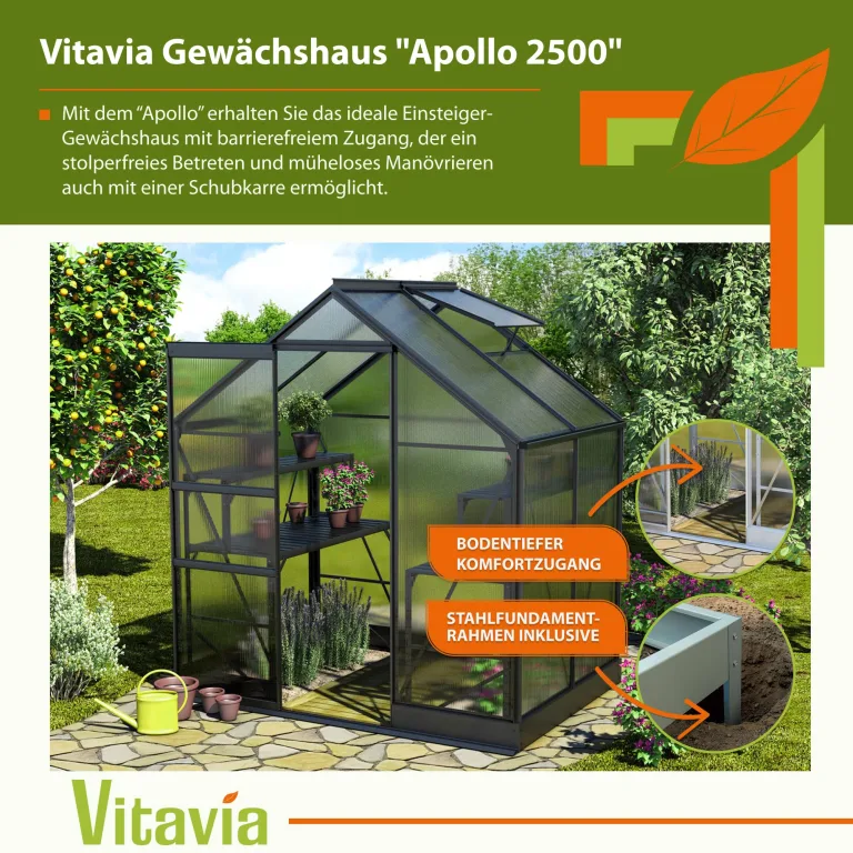 Vitavia Gewächshaus Apollo 2500" schwarz | 2,5 m² | 6 mm HKP | Inkl. Stahlfundament | Barrierefreier Zugang | Tür für Vorhängeschloss | Einfacher Aufbau | Langlebig & Wetterfest – Bild 2