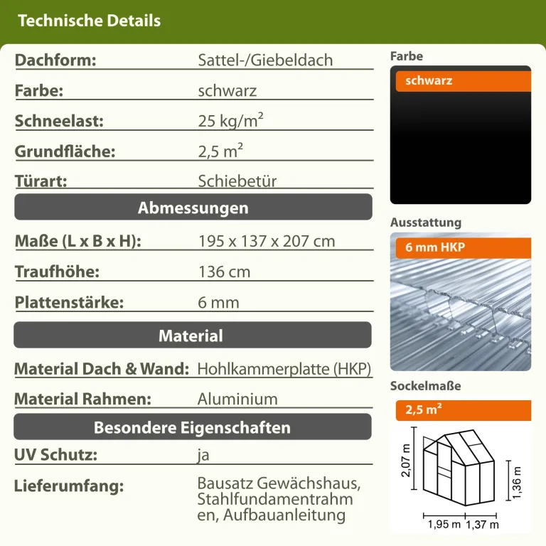 Vitavia Gewächshaus Apollo 2500" schwarz | 2,5 m² | 6 mm HKP | Inkl. Stahlfundament | Barrierefreier Zugang | Tür für Vorhängeschloss | Einfacher Aufbau | Langlebig & Wetterfest – Bild 3