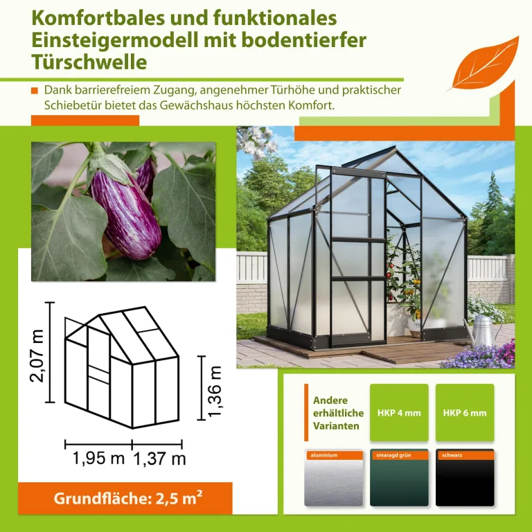 Vitavia Gewächshaus Apollo 2500" schwarz | 2,5 m² | 6 mm HKP | Inkl. Stahlfundament | Barrierefreier Zugang | Tür für Vorhängeschloss | Einfacher Aufbau | Langlebig & Wetterfest – Bild 4