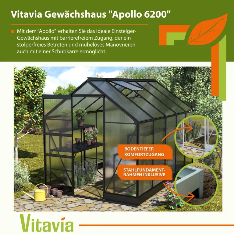 Vitavia Gewächshaus Apollo 5000" schwarz | 5,0 m² | 6 mm HKP | Inkl. Stahlfundament | Barrierefreier Zugang | Tür für Vorhängeschloss | Einfacher Aufbau | Langlebig & Wetterfest – Bild 2