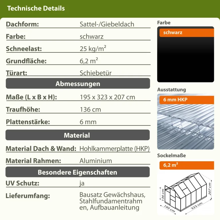 Vitavia Gewächshaus Apollo 5000" schwarz | 5,0 m² | 6 mm HKP | Inkl. Stahlfundament | Barrierefreier Zugang | Tür für Vorhängeschloss | Einfacher Aufbau | Langlebig & Wetterfest – Bild 3