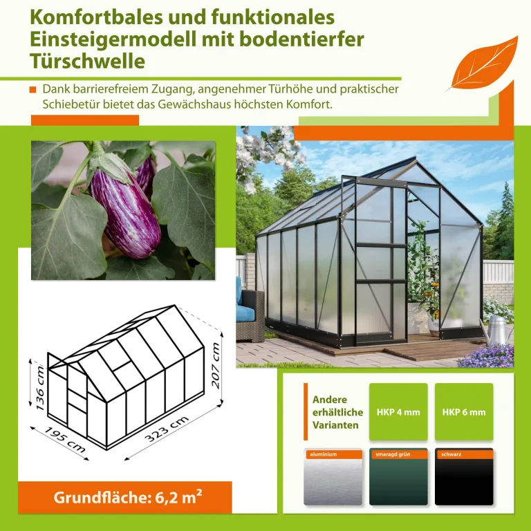 Vitavia Gewächshaus Apollo 5000" schwarz | 5,0 m² | 6 mm HKP | Inkl. Stahlfundament | Barrierefreier Zugang | Tür für Vorhängeschloss | Einfacher Aufbau | Langlebig & Wetterfest – Bild 4