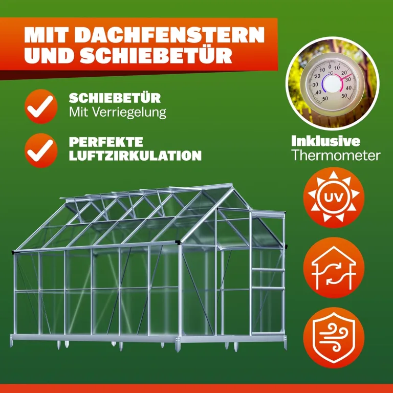 GARDEBRUK® Gewächshaus Aluminium 7,2m² mit Fundament 380x190cm inkl. 4 Dachfenster Tomatenhaus Treibhaus Anzuchthaus Garten Frühbeet Aufzucht 11,8m³ – Bild 6