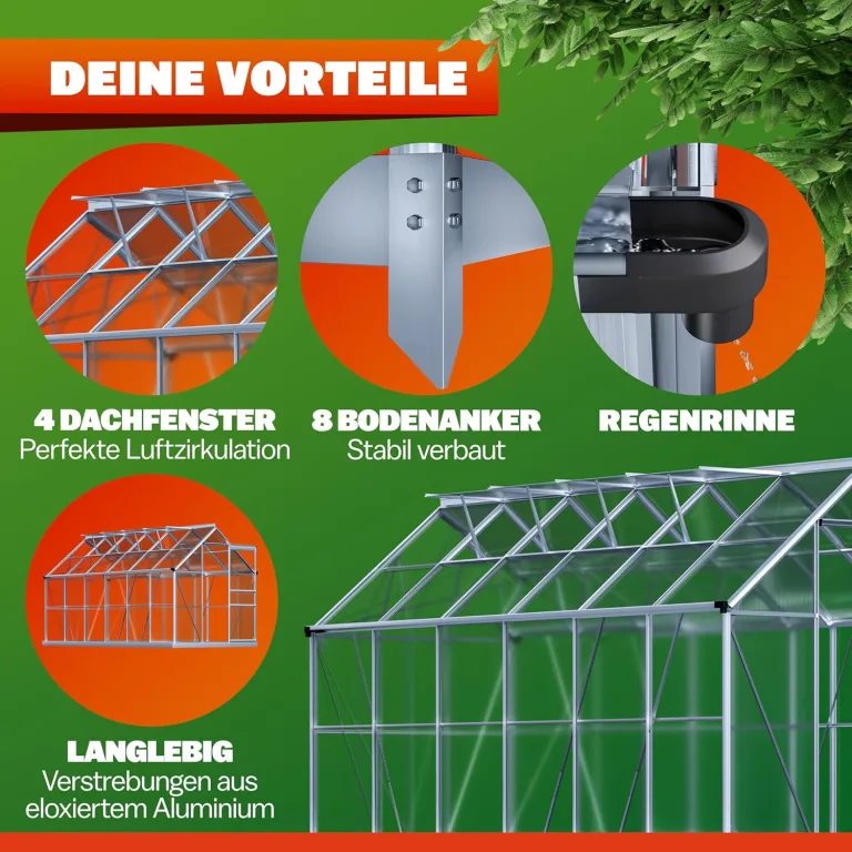 GARDEBRUK® Gewächshaus Aluminium 7,2m² mit Fundament 380x190cm inkl. 4 Dachfenster Tomatenhaus Treibhaus Anzuchthaus Garten Frühbeet Aufzucht 11,8m³ – Bild 3