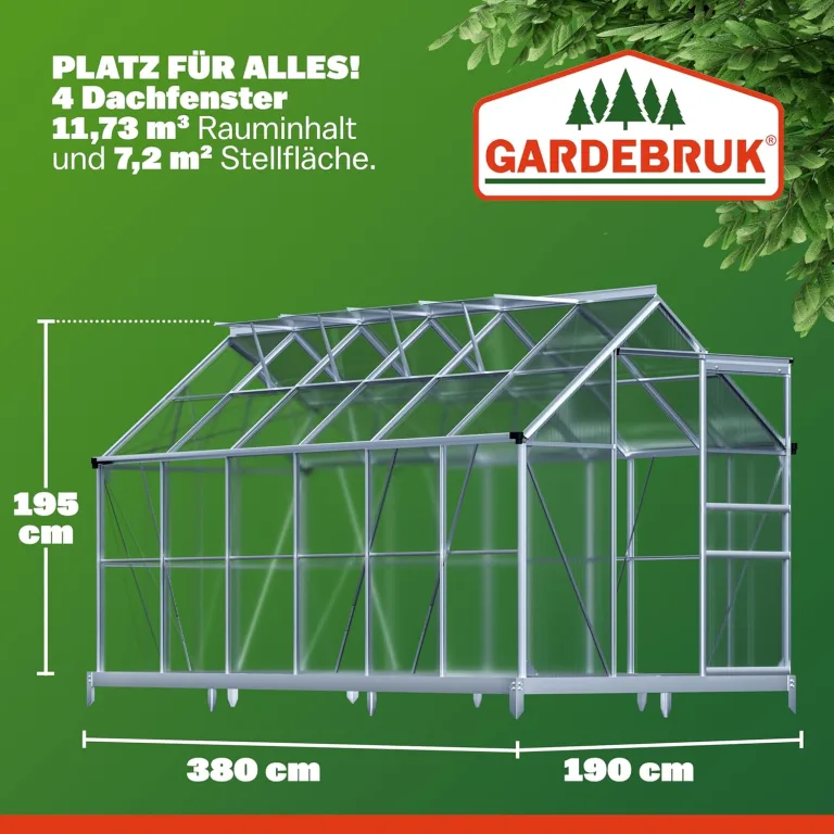 GARDEBRUK® Gewächshaus Aluminium 7,2m² mit Fundament 380x190cm inkl. 4 Dachfenster Tomatenhaus Treibhaus Anzuchthaus Garten Frühbeet Aufzucht 11,8m³ – Bild 4