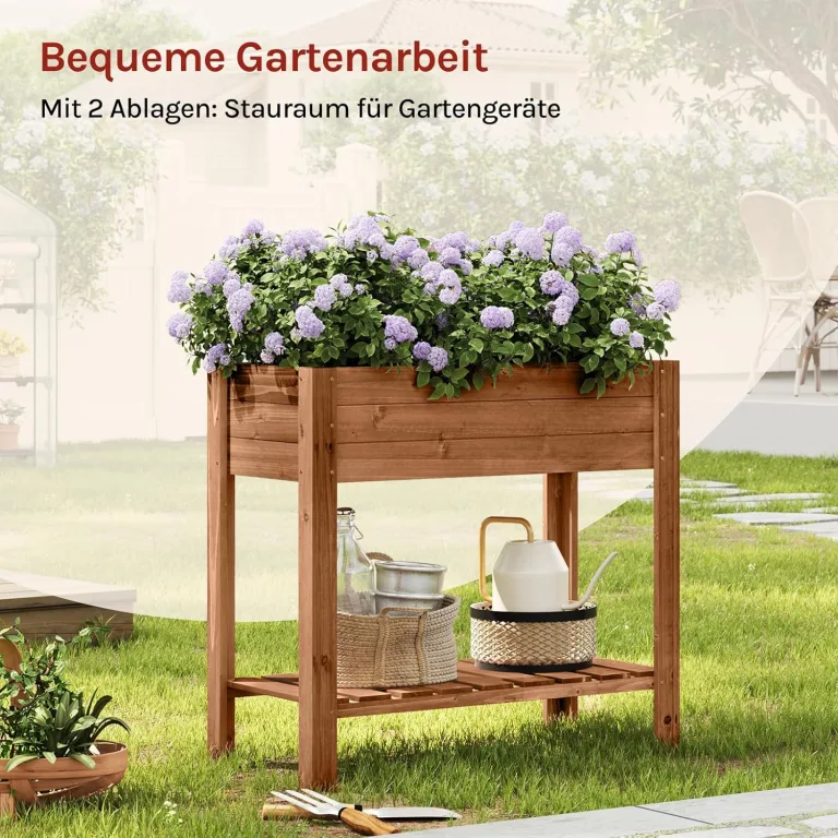 WOLTU Hochbeet Holz, 80x75x40 cm, mit Blumenkasten Ablageboden Folie, Gemüsebeet Kräuterbeet, für Balkon Garten Terasse Outdoor, Braun – Bild 5
