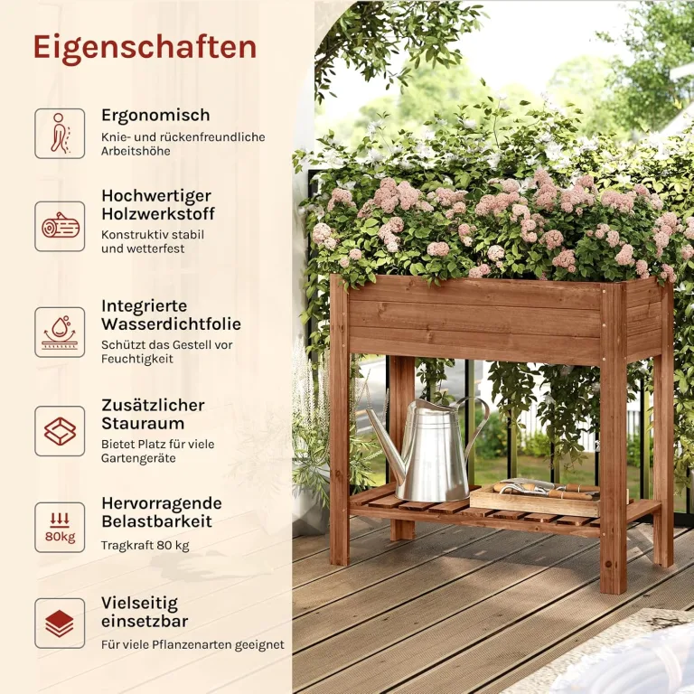 WOLTU Hochbeet Holz, 80x75x40 cm, mit Blumenkasten Ablageboden Folie, Gemüsebeet Kräuterbeet, für Balkon Garten Terasse Outdoor, Braun – Bild 3