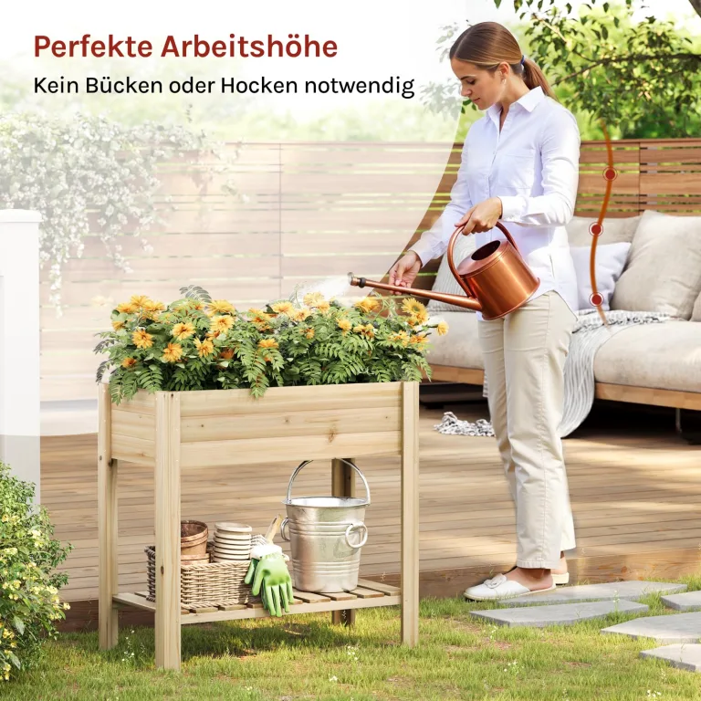WOLTU Hochbeet Holz, 80x75x40 cm, mit Blumenkasten Ablageboden Folie, Gemüsebeet Kräuterbeet, für Balkon Garten Terasse Outdoor, Holzfarbe – Bild 2