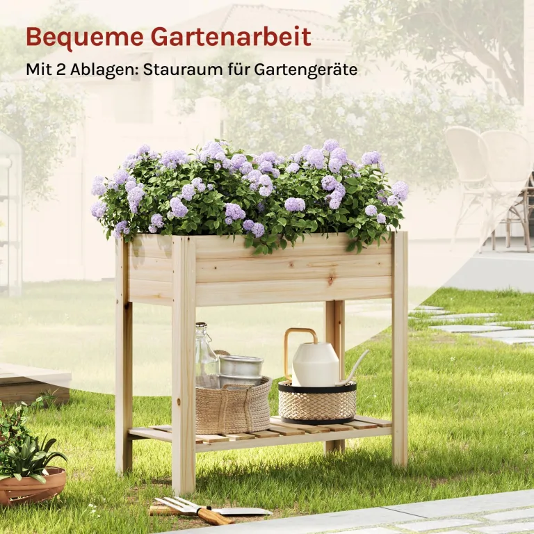WOLTU Hochbeet Holz, 80x75x40 cm, mit Blumenkasten Ablageboden Folie, Gemüsebeet Kräuterbeet, für Balkon Garten Terasse Outdoor, Holzfarbe – Bild 5