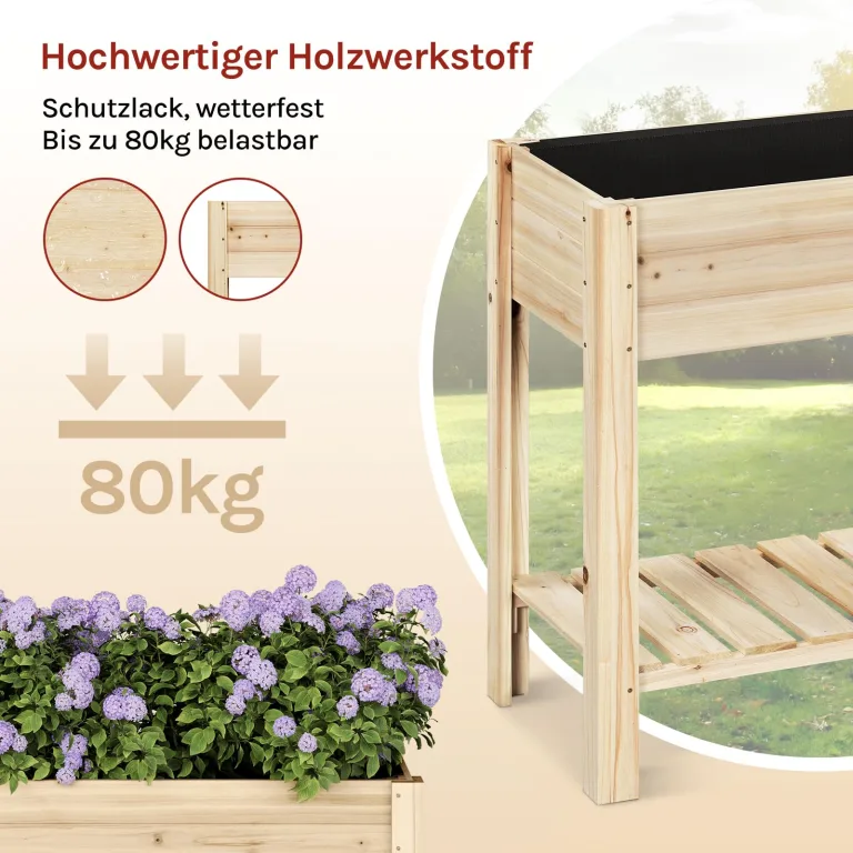 WOLTU Hochbeet Holz, 80x75x40 cm, mit Blumenkasten Ablageboden Folie, Gemüsebeet Kräuterbeet, für Balkon Garten Terasse Outdoor, Holzfarbe – Bild 6