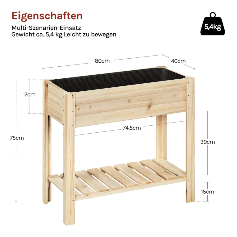 WOLTU Hochbeet Holz, 80x75x40 cm, mit Blumenkasten Ablageboden Folie, Gemüsebeet Kräuterbeet, für Balkon Garten Terasse Outdoor, Holzfarbe – Bild 9