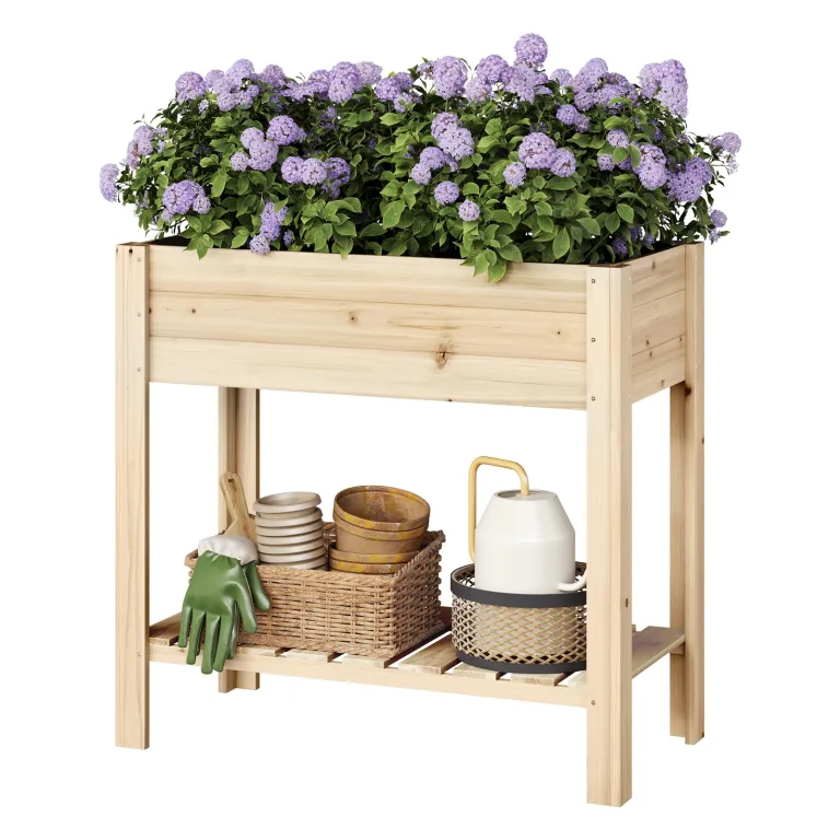 WOLTU Hochbeet Holz, 80x75x40 cm, mit Blumenkasten Ablageboden Folie, Gemüsebeet Kräuterbeet, für Balkon Garten Terasse Outdoor, Holzfarbe – Bild 1