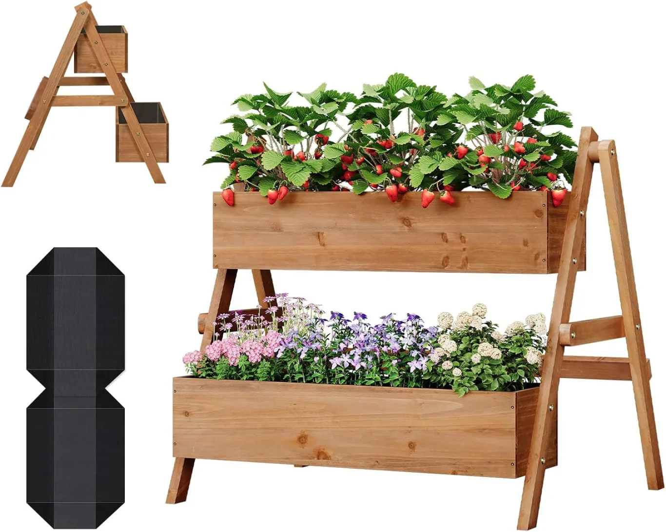 WOLTU Hochbeet, für Garten Balkon Terrasse, mit Innenvlies 2 Blumenkästen, Blumentreppe aus Holz, Gemüsebeet Kräuterbeet Pflanzbeet, 80 x 100 x 62 cm, Braun - Bild 1