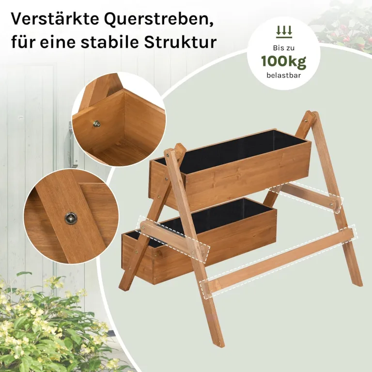 WOLTU Hochbeet, für Garten Balkon Terrasse, mit Innenvlies 2 Blumenkästen, Blumentreppe aus Holz, Gemüsebeet Kräuterbeet Pflanzbeet, 80 x 100 x 62 cm, Braun – Bild 4