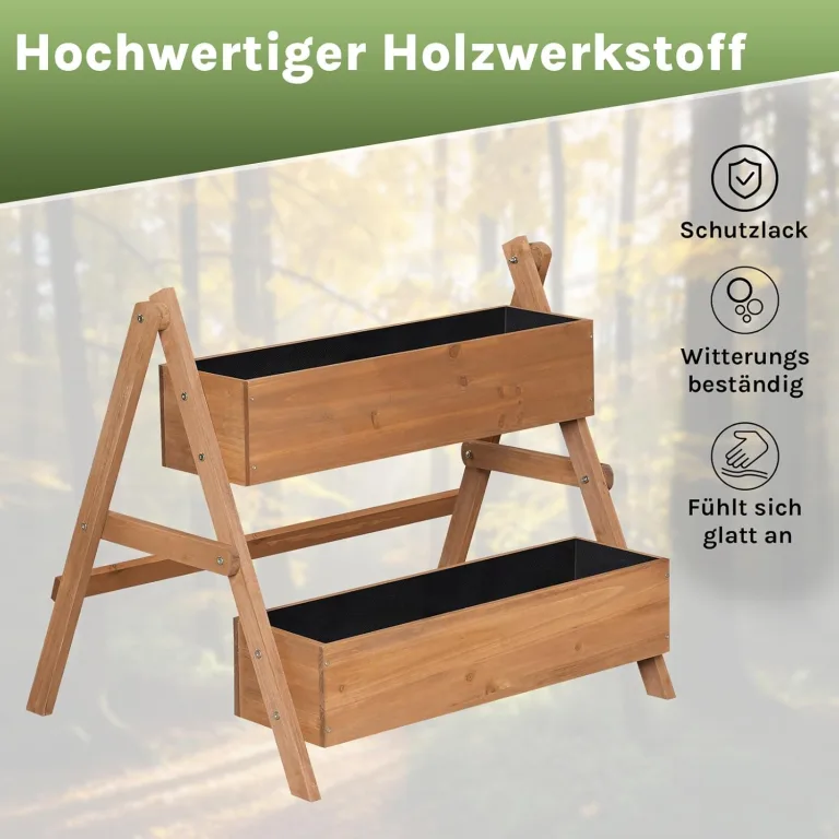 WOLTU Hochbeet, für Garten Balkon Terrasse, mit Innenvlies 2 Blumenkästen, Blumentreppe aus Holz, Gemüsebeet Kräuterbeet Pflanzbeet, 80 x 100 x 62 cm, Braun – Bild 5