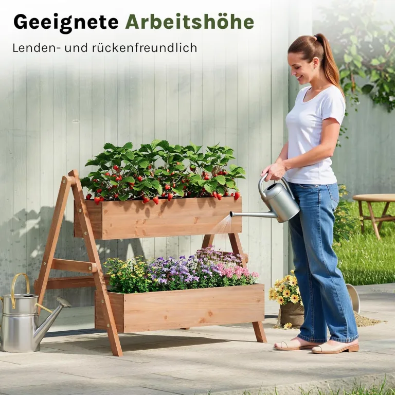 WOLTU Hochbeet, für Garten Balkon Terrasse, mit Innenvlies 2 Blumenkästen, Blumentreppe aus Holz, Gemüsebeet Kräuterbeet Pflanzbeet, 80 x 100 x 62 cm, Braun – Bild 6