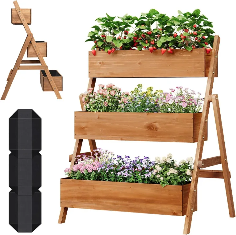 WOLTU Hochbeet, für Garten Balkon Terrasse, mit Innenvlies 2 Blumenkästen, Blumentreppe aus Holz, Gemüsebeet Kräuterbeet Pflanzbeet, 80 x 100 x 62 cm, Braun – Bild 8