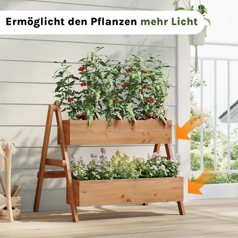 WOLTU Hochbeet, für Garten Balkon Terrasse, mit Innenvlies 2 Blumenkästen, Blumentreppe aus Holz, Gemüsebeet Kräuterbeet Pflanzbeet, 80 x 100 x 62 cm, Braun – Bild 2