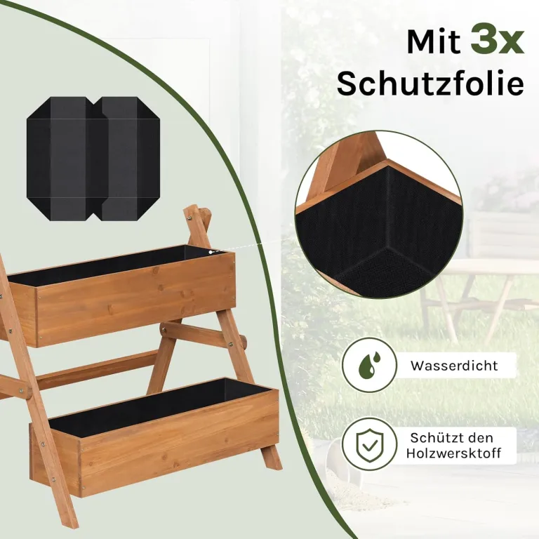 WOLTU Hochbeet, für Garten Balkon Terrasse, mit Innenvlies 2 Blumenkästen, Blumentreppe aus Holz, Gemüsebeet Kräuterbeet Pflanzbeet, 80 x 100 x 62 cm, Braun – Bild 3