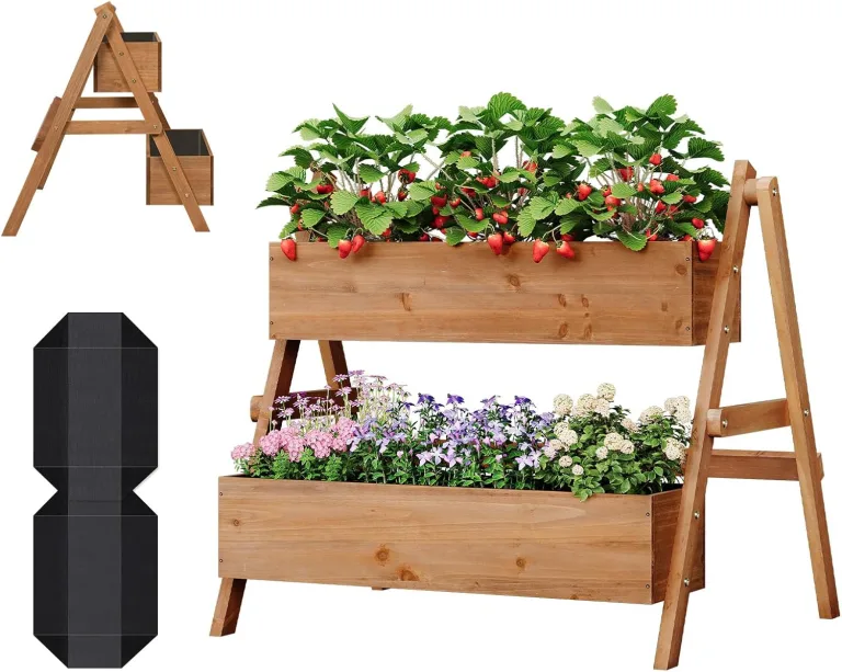 WOLTU Hochbeet, für Garten Balkon Terrasse, mit Innenvlies 2 Blumenkästen, Blumentreppe aus Holz, Gemüsebeet Kräuterbeet Pflanzbeet, 80 x 100 x 62 cm, Braun – Bild 1