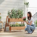 WOLTU Hochbeet, für Garten Balkon Terrasse, mit Innenvlies 2 Blumenkästen, Blumentreppe aus Holz, Gemüsebeet Kräuterbeet Pflanzbeet, 80 x 100 x 62 cm, Braun - Thumbnail 7