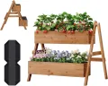 WOLTU Hochbeet, für Garten Balkon Terrasse, mit Innenvlies 2 Blumenkästen, Blumentreppe aus Holz, Gemüsebeet Kräuterbeet Pflanzbeet, 80 x 100 x 62 cm, Braun - Thumbnail 1