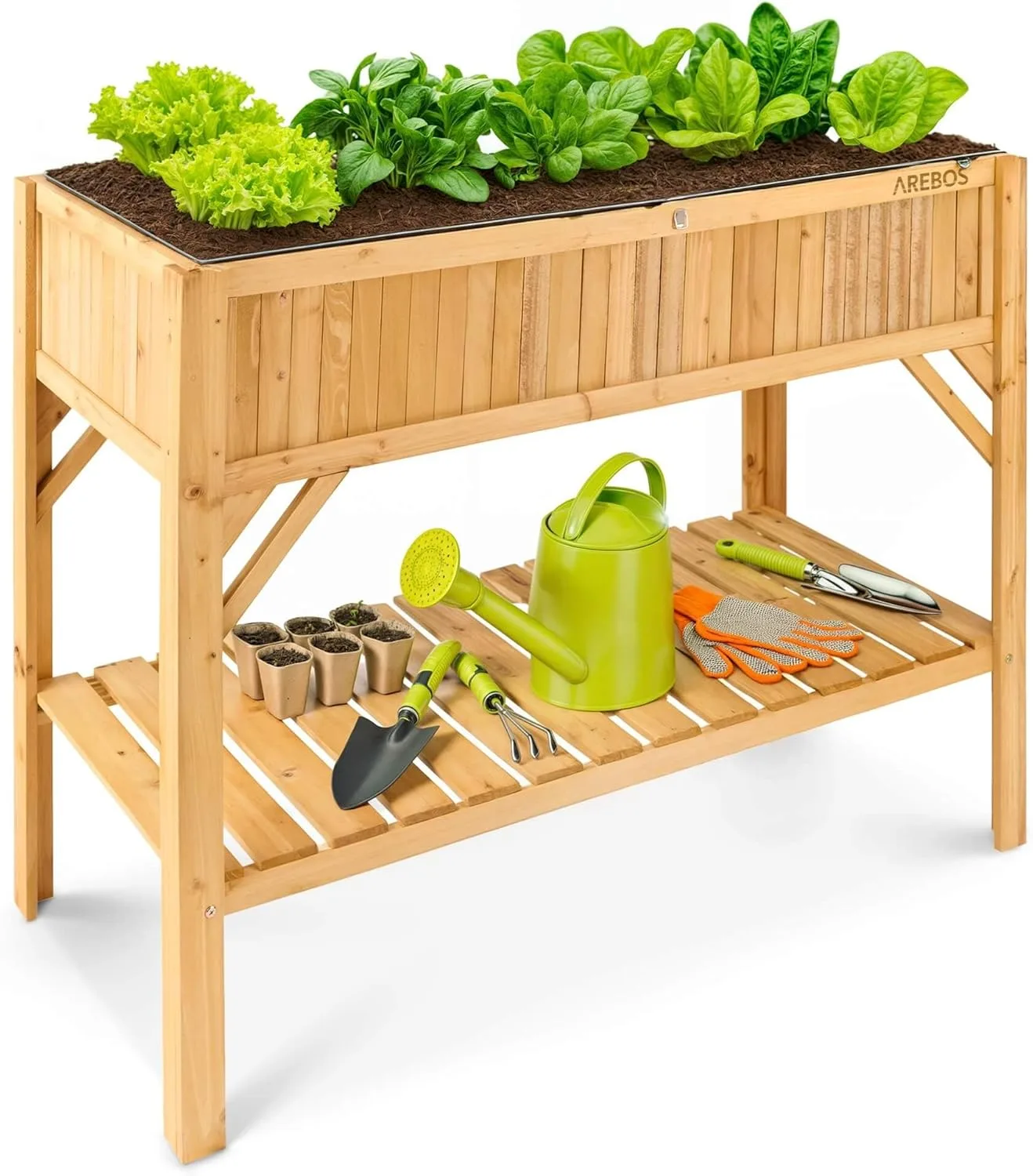 Arebos Hochbeet aus Holz mit Ablagefach | für Garten, Balkon und Terrasse | Innenleben mit Schutzvlies ausgestattet | 119 x 53 x 90 cm | Pflanzkasten & Blumenkasten | Pflanzbeet, Frühbeet - Bild 1