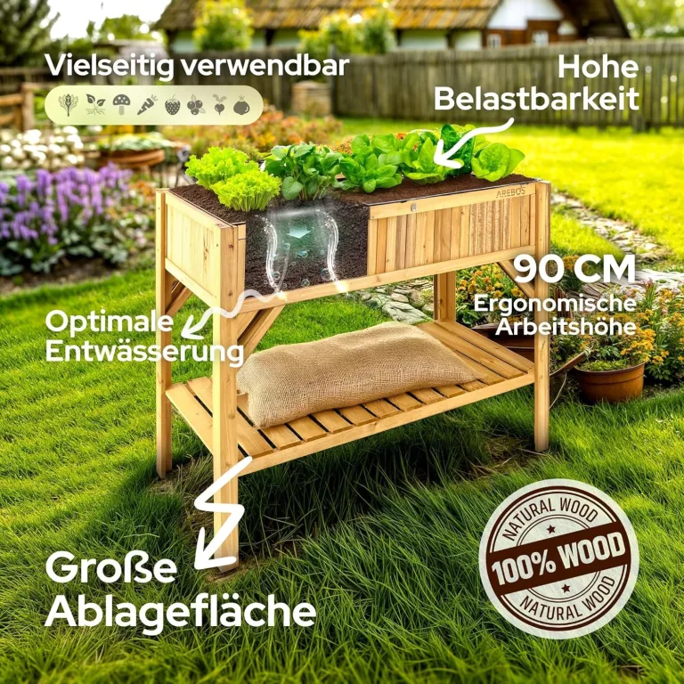 Arebos Hochbeet aus Holz mit Ablagefach | für Garten, Balkon und Terrasse | Innenleben mit Schutzvlies ausgestattet | 119 x 53 x 90 cm | Pflanzkasten & Blumenkasten | Pflanzbeet, Frühbeet – Bild 6