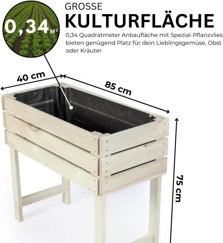 Hochbeet auf Stelzen STELZO M 85x40x75 (BxTxH) - Erhöhtes Blumenbeet aus Holz für Innen- & Außenbereich - Kräuterbeet aus natürlicher Kiefer für Garten, Balkon und Terrasse, 100% Nachhaltig – Bild 3