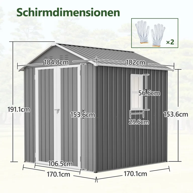 Thanaddo Metall Gerätehaus Gartenhaus 185x182x191cm, Geräteschuppen mit Fenster & Satteldach, wetterfest Gartenschuppen Inkl. Metallfundament (ohne Boden) für Outdoor Garten Terrasse, Grau – Bild 3
