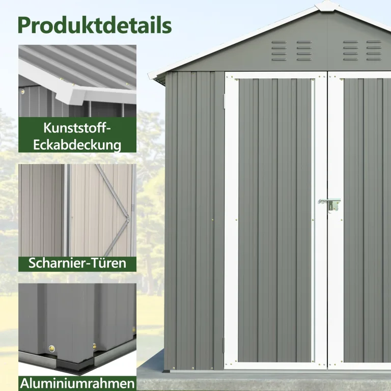 Thanaddo Metall Gerätehaus Gartenhaus 185x182x191cm, Geräteschuppen mit Fenster & Satteldach, wetterfest Gartenschuppen Inkl. Metallfundament (ohne Boden) für Outdoor Garten Terrasse, Grau – Bild 6
