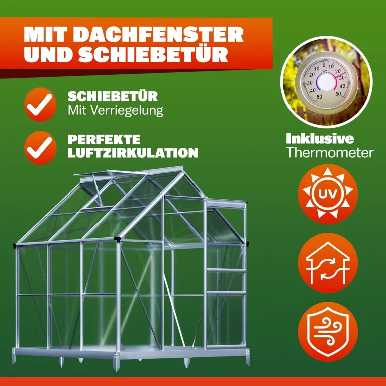 GARDEBRUK® Gewächshaus Aluminium 3,6m² mit Fundament 190x190cm inkl. Dachfenster Tomatenhaus Treibhaus Anzuchthaus Garten Frühbeet Aufzucht 5,8m³ – Bild 6