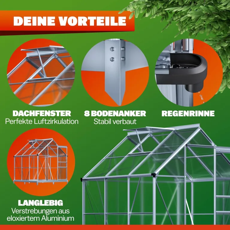 GARDEBRUK® Gewächshaus Aluminium 3,6m² mit Fundament 190x190cm inkl. Dachfenster Tomatenhaus Treibhaus Anzuchthaus Garten Frühbeet Aufzucht 5,8m³ – Bild 3