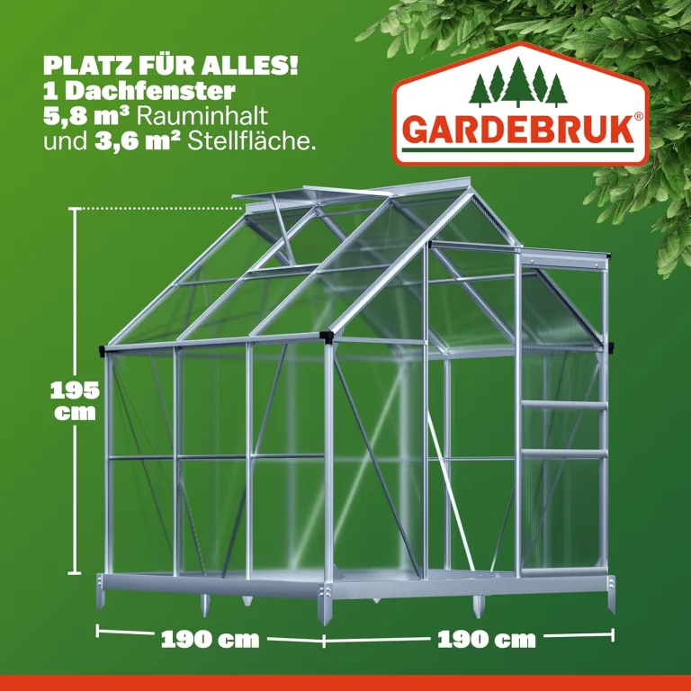 GARDEBRUK® Gewächshaus Aluminium 3,6m² mit Fundament 190x190cm inkl. Dachfenster Tomatenhaus Treibhaus Anzuchthaus Garten Frühbeet Aufzucht 5,8m³ – Bild 4