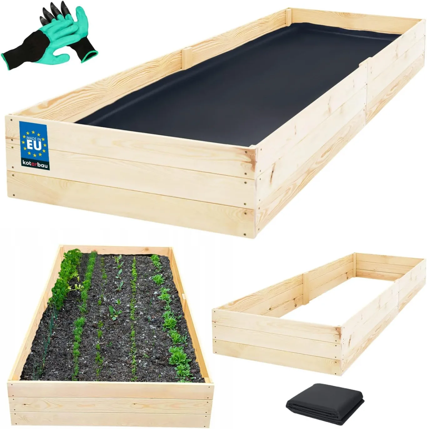 KOTARBAU® Tiefbeet Blumenkasten aus Holz 200x100x27cm Pflanzkästen Naturfarbe Hochbeet Kräuterbeete Pflanzkübel groß Anzuchtbeet Hochbeete für Garten Gemüsezucht Gemüsekiste + Handschuhe mit Krallen - Bild 1