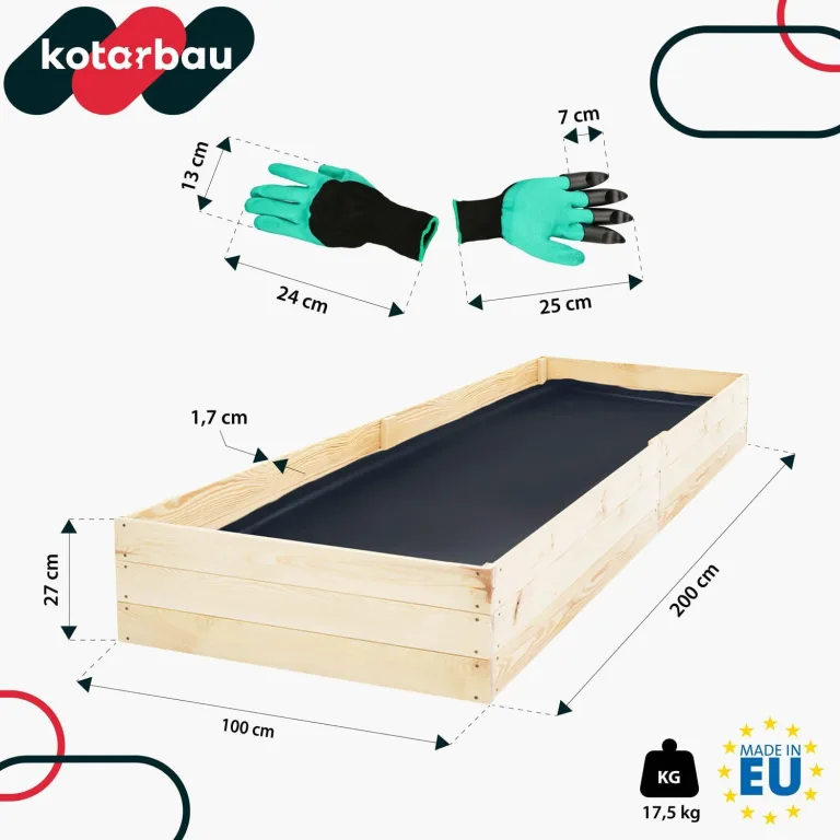 KOTARBAU® Tiefbeet Blumenkasten aus Holz 200x100x27cm Pflanzkästen Naturfarbe Hochbeet Kräuterbeete Pflanzkübel groß Anzuchtbeet Hochbeete für Garten Gemüsezucht Gemüsekiste + Handschuhe mit Krallen – Bild 3