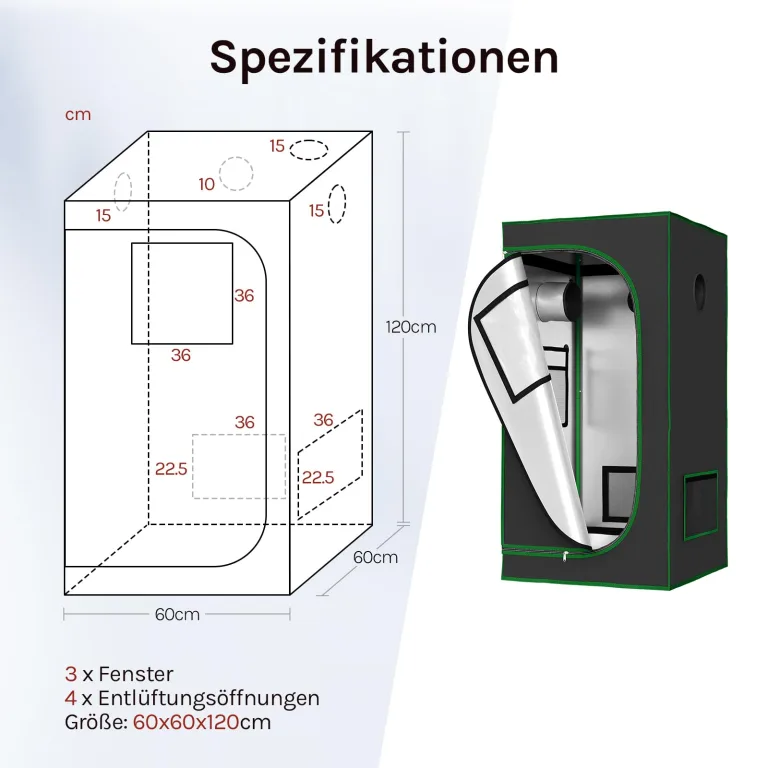 WOLTU Growzelt Gewächshaus Gartenhaus Indoor, aus Oxford-Gewebe, Hochreflektierendem Material mit Belüftungsöffnungen & Beobachtungsfenstern, für Balkon Garage, Schwarz, 60x60x120 cm – Bild 9