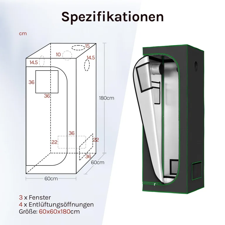 WOLTU Growzelt Gewächshaus Gartenhaus Indoor, aus Oxford-Gewebe, hochreflektierendem Material mit Belüftungsöffnungen & Beobachtungsfenstern, für Balkon Garage, Schwarz, 60x60x180 cm – Bild 8