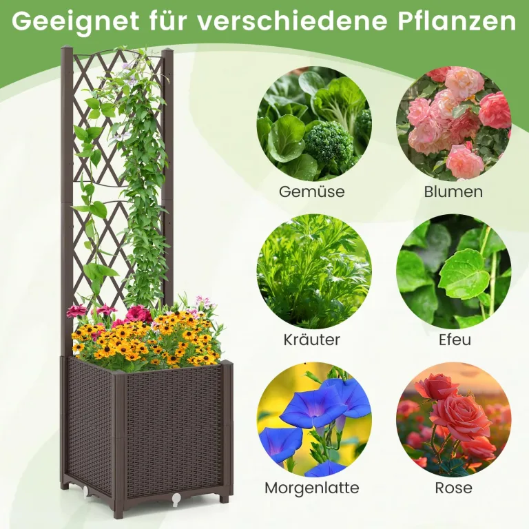 GOPLUS Blumenkasten mit Rankgitter, Hochbeet mit Spalier für Kletterpflanzen & Topfpflanzen, Tiefes Pflanzbeet mit Drainagelöchern für Balkon, Hinterhof & Garten (Braun,40 x 40 x 140 cm) – Bild 2