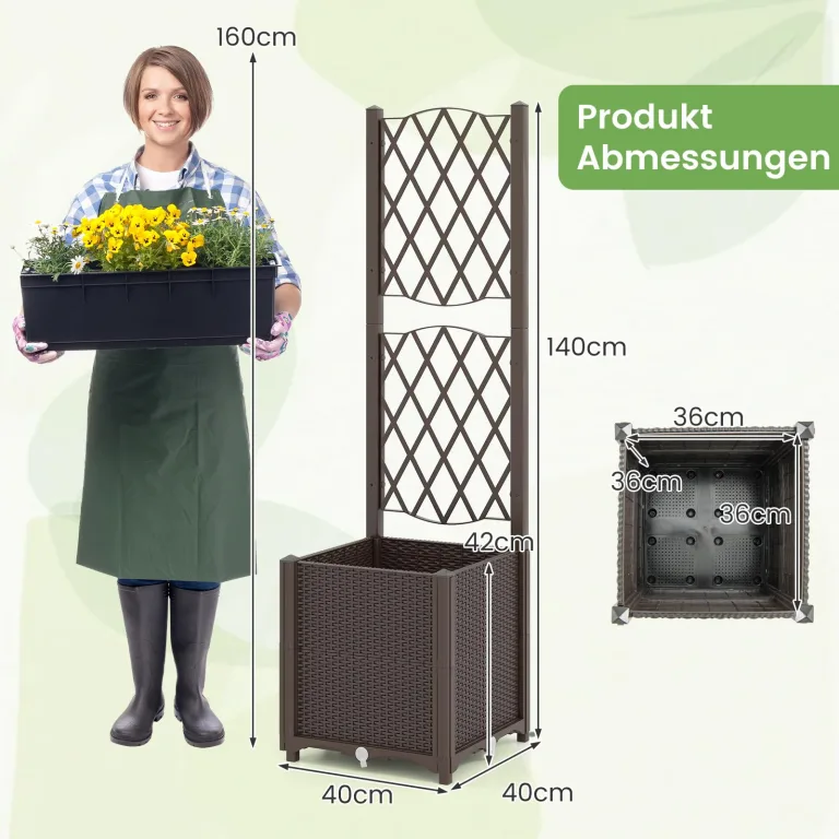 GOPLUS Blumenkasten mit Rankgitter, Hochbeet mit Spalier für Kletterpflanzen & Topfpflanzen, Tiefes Pflanzbeet mit Drainagelöchern für Balkon, Hinterhof & Garten (Braun,40 x 40 x 140 cm) – Bild 3