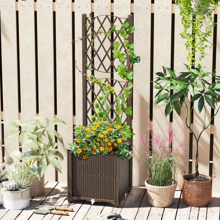 GOPLUS Blumenkasten mit Rankgitter, Hochbeet mit Spalier für Kletterpflanzen & Topfpflanzen, Tiefes Pflanzbeet mit Drainagelöchern für Balkon, Hinterhof & Garten (Braun,40 x 40 x 140 cm) – Bild 4