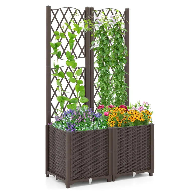 GOPLUS Blumenkasten mit Rankgitter, Hochbeet mit Spalier für Kletterpflanzen & Topfpflanzen, Tiefes Pflanzbeet mit Drainagelöchern für Balkon, Hinterhof & Garten (Braun,40 x 40 x 140 cm) – Bild 10