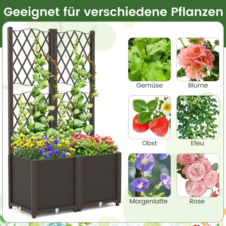 GOPLUS Blumenkasten mit Rankgitter, Hochbeet mit Spalier für Kletterpflanzen & Topfpflanzen, Tiefes Pflanzbeet mit Drainagelöchern für Balkon, Hinterhof & Garten (Braun,80 x 40 x 140 cm) – Bild 2