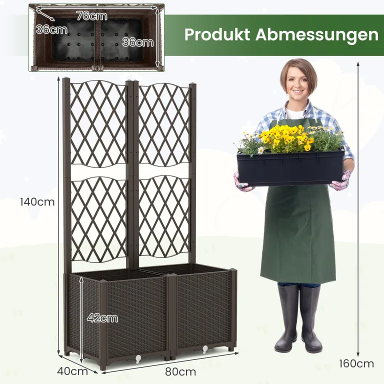 GOPLUS Blumenkasten mit Rankgitter, Hochbeet mit Spalier für Kletterpflanzen & Topfpflanzen, Tiefes Pflanzbeet mit Drainagelöchern für Balkon, Hinterhof & Garten (Braun,80 x 40 x 140 cm) – Bild 3