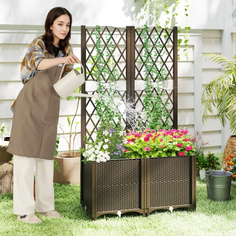 GOPLUS Blumenkasten mit Rankgitter, Hochbeet mit Spalier für Kletterpflanzen & Topfpflanzen, Tiefes Pflanzbeet mit Drainagelöchern für Balkon, Hinterhof & Garten (Braun,80 x 40 x 140 cm) – Bild 4