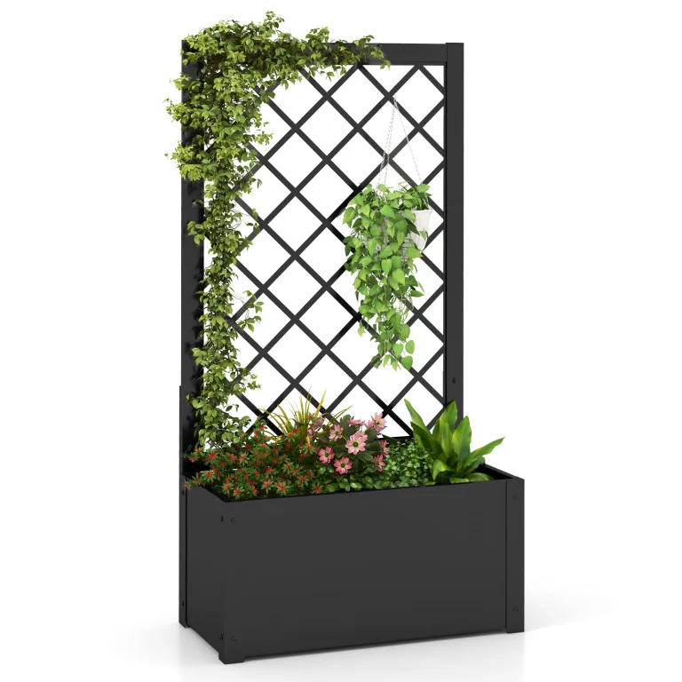 GOPLUS Blumenkasten mit Rankgitter, Hochbeet mit Spalier für Kletterpflanzen & Topfpflanzen, Tiefes Pflanzbeet mit Drainagelöchern für Balkon, Hinterhof & Garten (Braun,80 x 40 x 140 cm) – Bild 8