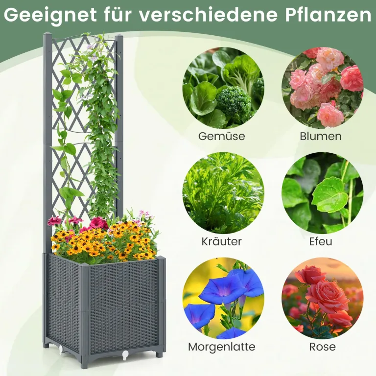 GOPLUS Blumenkasten mit Rankgitter, Hochbeet mit Spalier für Kletterpflanzen & Topfpflanzen, Tiefes Pflanzbeet mit Drainagelöchern für Balkon, Hinterhof & Garten (Grau,40 x 40 x 140 cm) – Bild 2